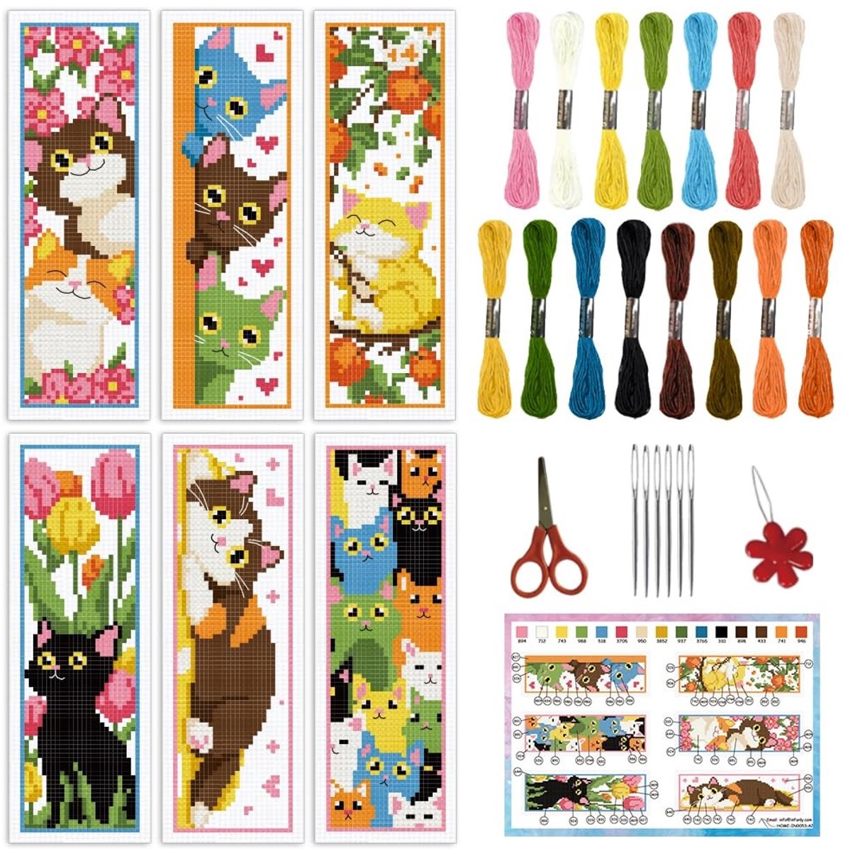 Dailygoods - INFUNLY 6 stks DIY Kat Kruissteek Bladwijzer Kits voor Beginner 2,99 "× 8,54" Leuke Kitten Gestempeld Borduurwerk Bladwijzer Kit met Instructie Gedrukt Dier Bladwijzer Set voor Kattenliefhebbers