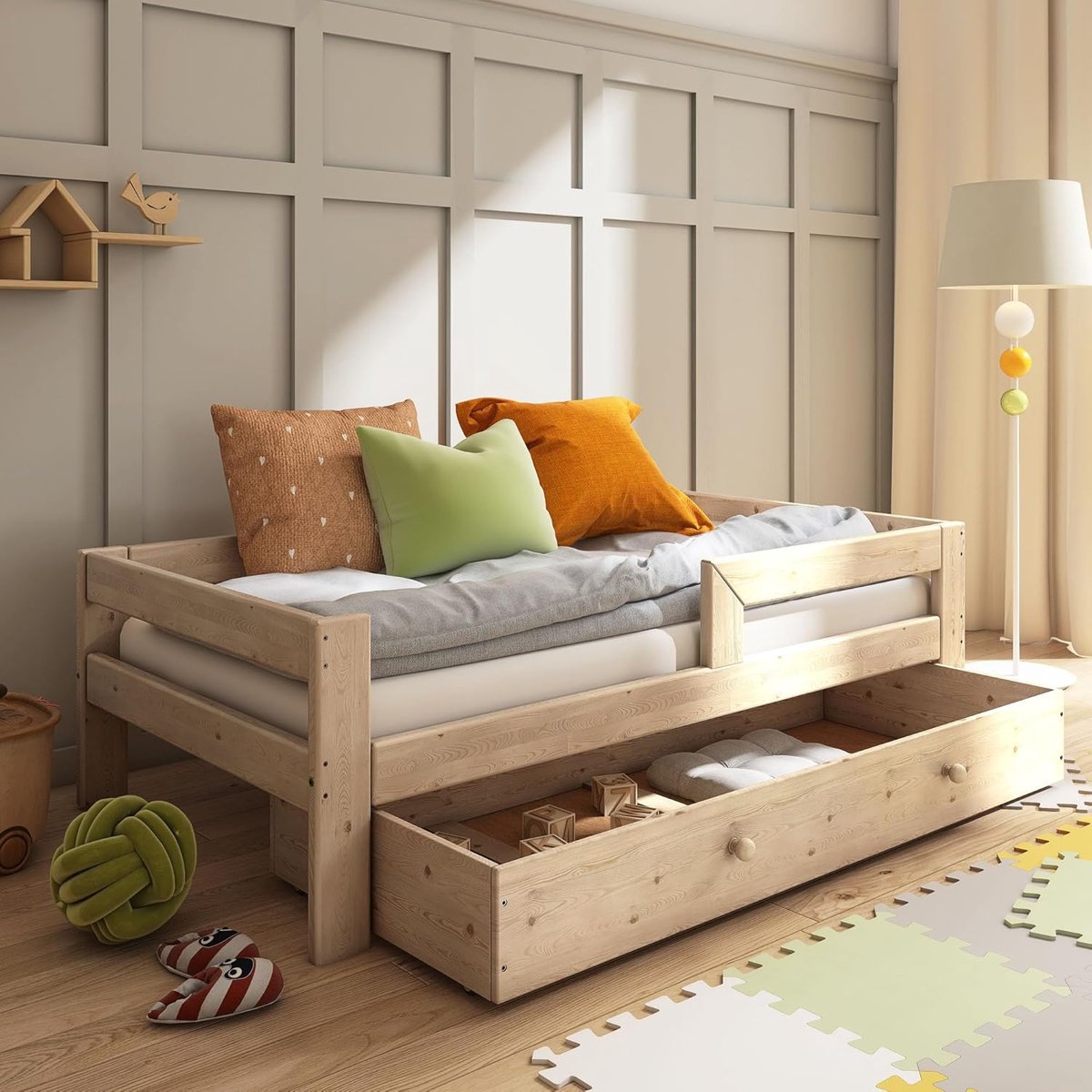 Kinderbed met lade - Tienerbed huisbed - Veilig slapen spelen - Massief hout - 80x160 cm - Natuurlijk
