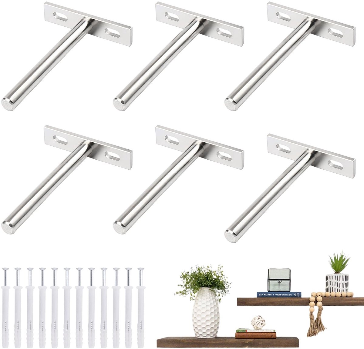 Dailygoods - 6 stuks plankhouders, onzichtbaar, 100 mm, ijzer, vernikkeld, zwevende plankhouder, zware belasting, plankdrager met schroeven, voor wandmontage, kast, meubels