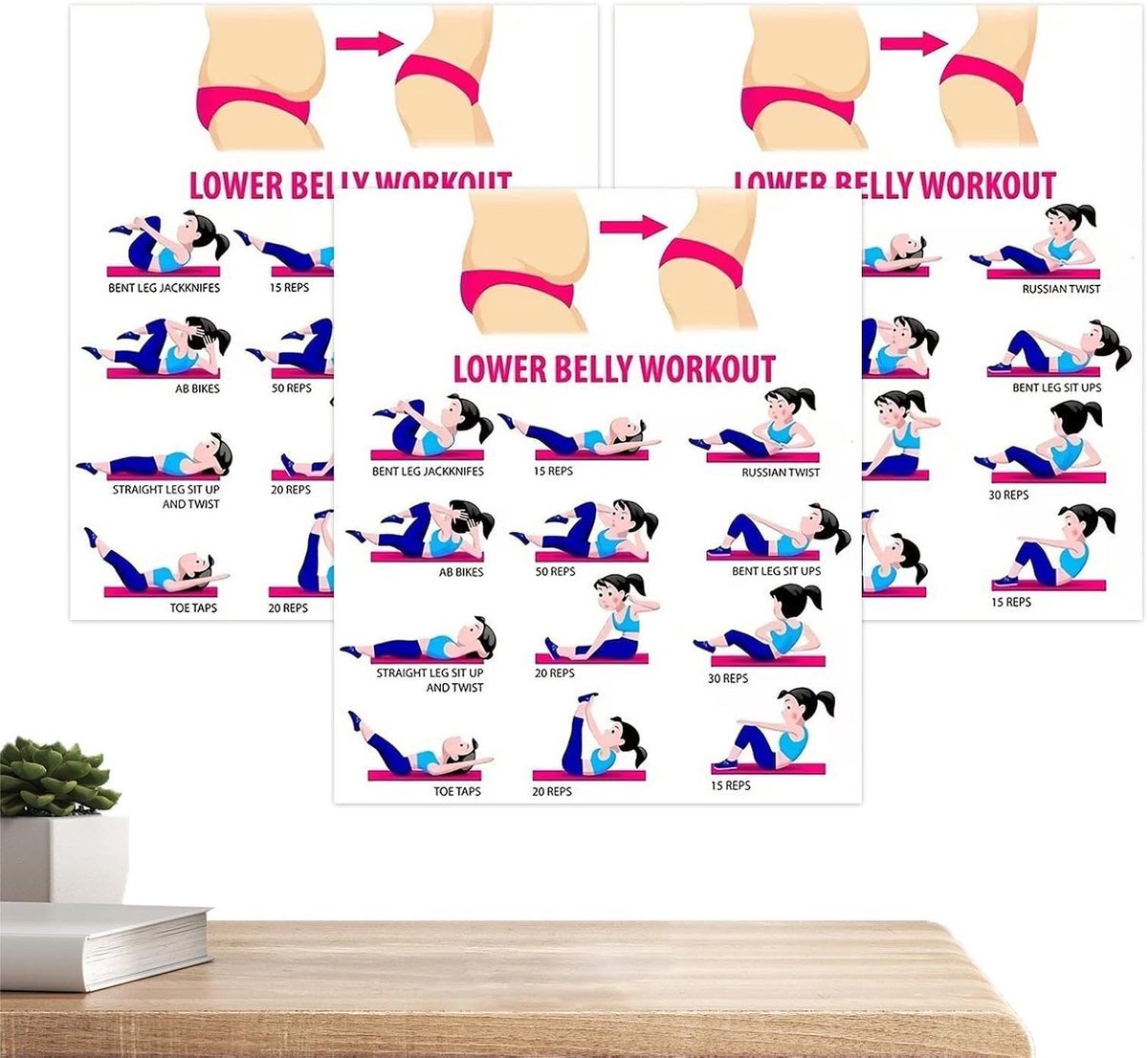 Buikspier Oefeningen Poster - Fitness Gids - Thuis Sporten - Gedetailleerde Illustraties - 3 Delen Set - Meerdere Kleuren