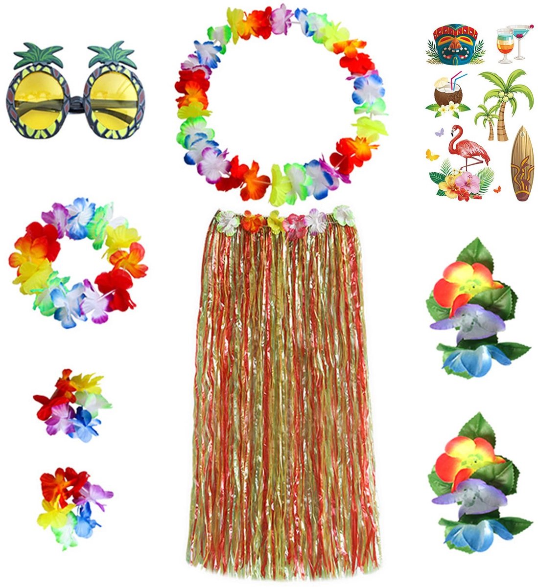 Dailygoods- Hawaiiaanse Hoelarok Groot - 9 Stuks - Grasrok 80 cm - Bloem Hoofdband - Bloemketting 100 cm - Ananas Zonnebril - Tropisch Feestkostuum - Tropenrok
