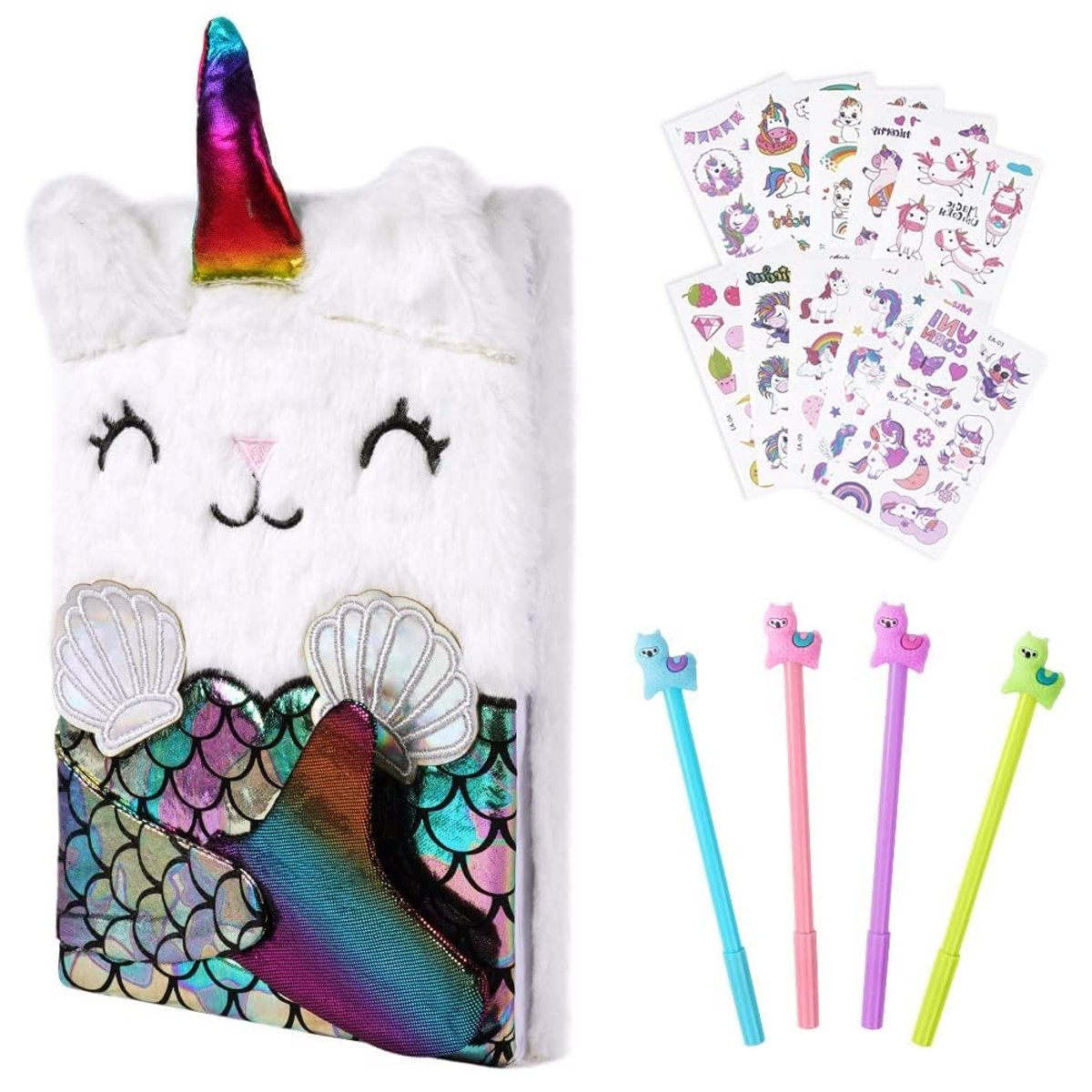 Dailygoods - OFFCUP Pluche Meisjesnotitieboekje, Meermin Kroon Notitieboek, Pluche Geheim Dagboek Met 10 Tattoo-Stickers en 4 Gelpennen, Pluche Notitieboekset, Schrijf-Tekennotitieboekje