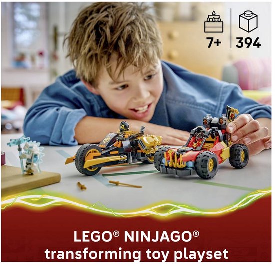 Jongen speelt met LEGO Ninjago combivoertuigen, 7+ jaar, 394 onderdelen.