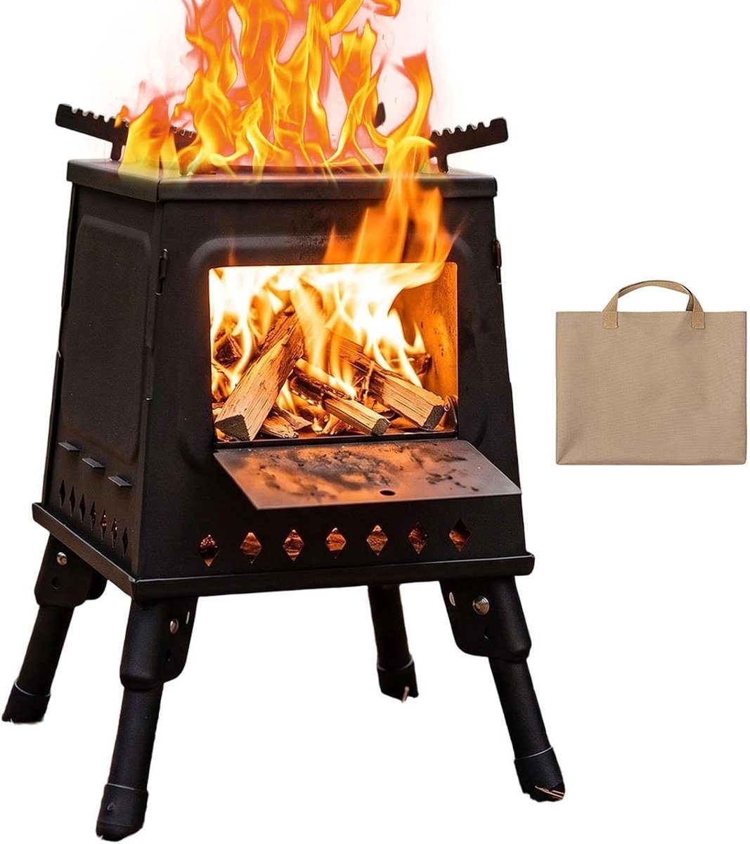 Houtkachel Outdoor - Kampeeroven Draagbaar - Koken Buiten - Efficiënte Rookreductie - 25 x 25 x 35.5 cm - Zwart