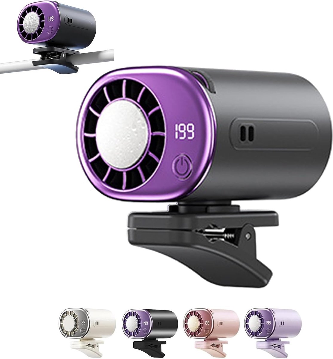 Nieuwe klembare koelventilator voor auto met LED-scherm, mini draagbaar autokoelsysteem, 360 graden verstelbaar draaibaar, 199 instelbare snelheden, zwart