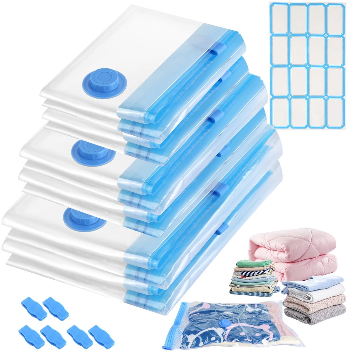 Dailygoods - 6 stuks vacuümzakken voor kleding, vacuümzakken voor kleding met luchtdicht ventiel en 16 etiketten, vacuümzakken kleding met ritssluiting, vacuümzakken voor dekbedden en beddengoed