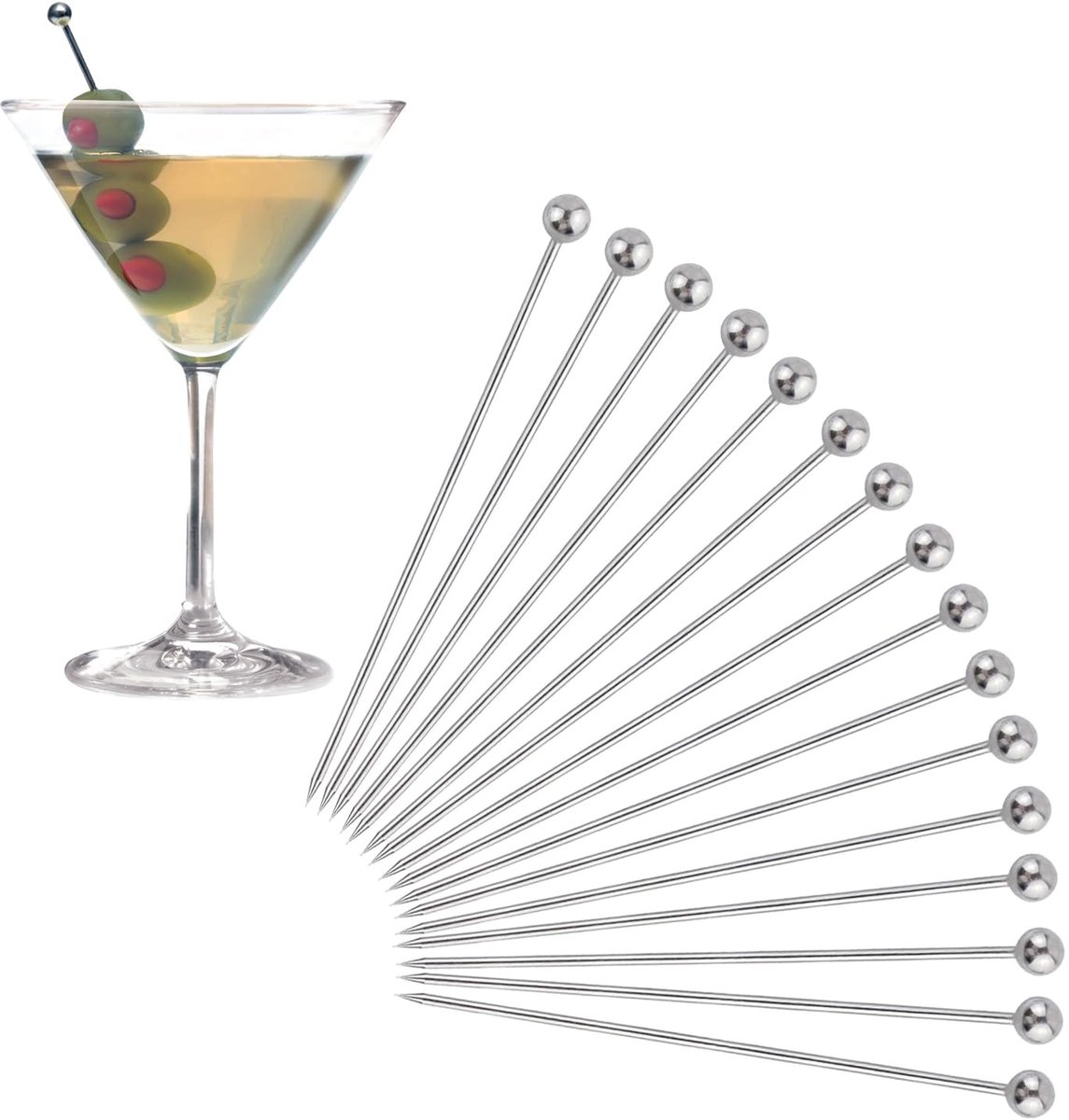 Dailygoods - Martini olijfspiesjes cocktailstokjes roestvrij staal cocktailprikkers herbruikbare fruitsticks olijf drankprikkers herbruikbare metalen dranken spiesjes voor cocktailfeest barbecue snacks hamburger