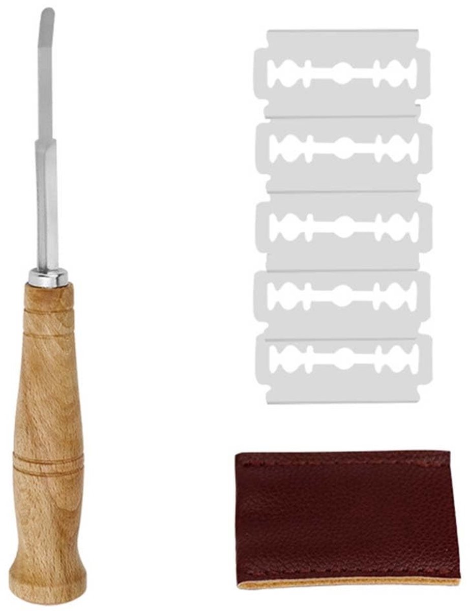 Dailygoods- Bakkersmes - Baguettemes - Deegmes - Broodsnijder met 4 scheermesjes - Voor het insnijden van brooddeeg - Scherp en leren - Broodmes