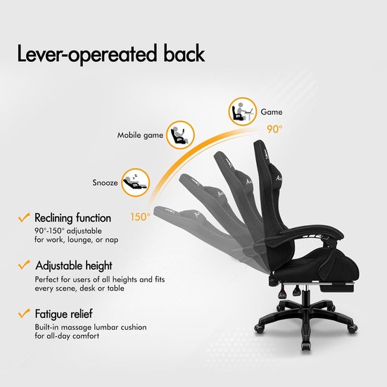 Gamingstoel met massage - Ergonomische racer - Comfortabel werken - Intrekbare voetensteun - 88 x 55 x 128 cm - Zwart — afbeelding 4
