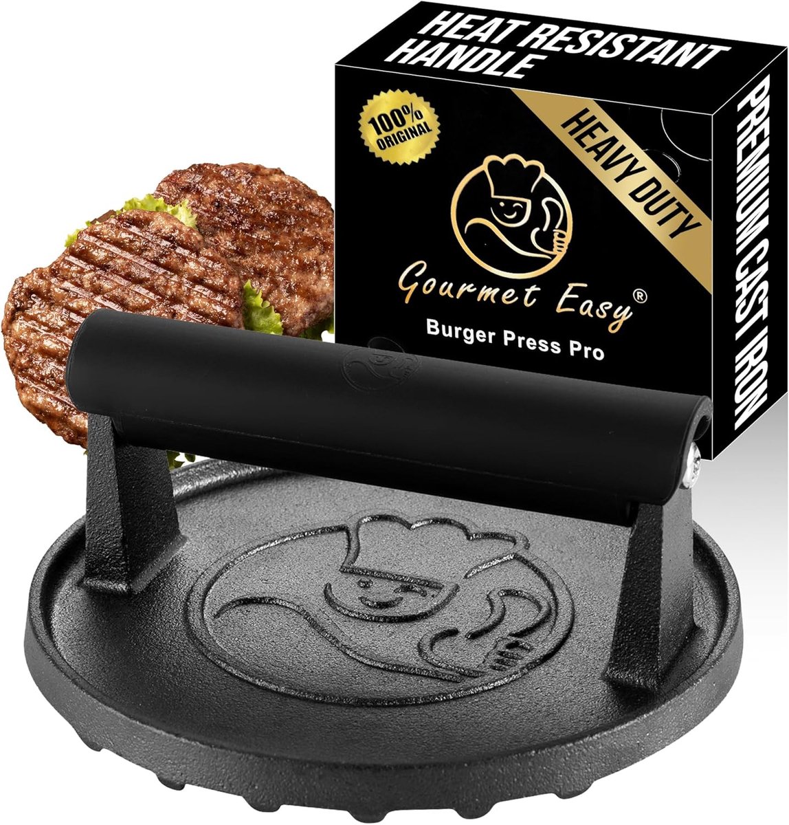 Burgerpers Gietijzer - Hamburger Smasher - Perfecte Burgers Maken - Hittebestendige Greep - Ø15cm - Zwart