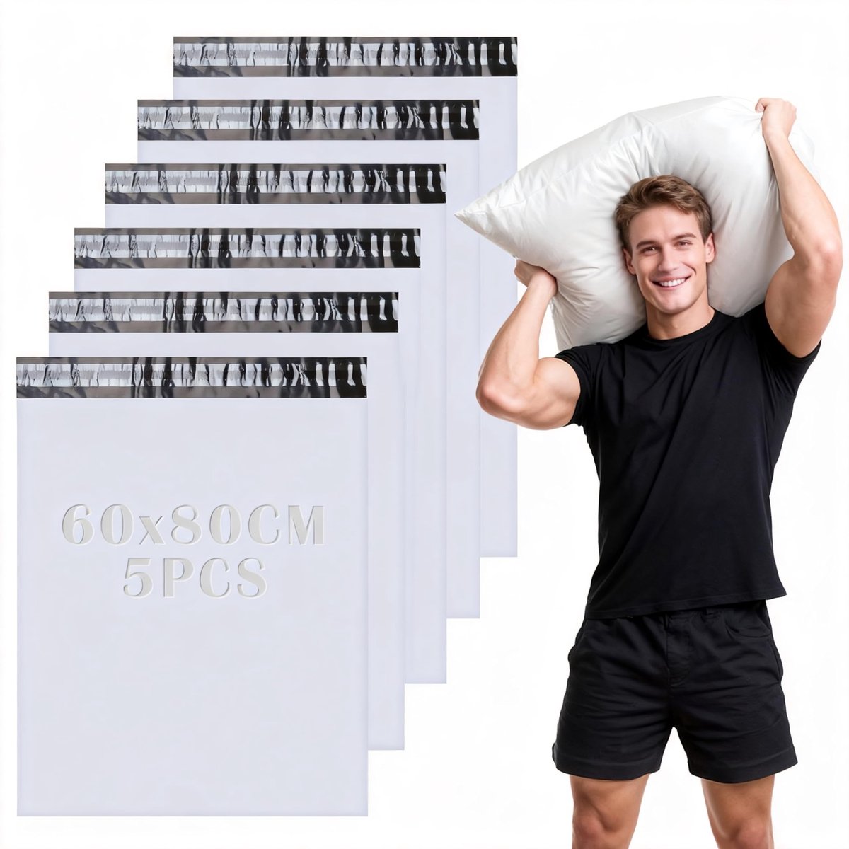 Dailygoods - 5 stuks grote verzendzakken, 60 x 80 cm, zelfklevend, ondoorzichtig, wit, plastic, waterdichte verzendzakken, goederenzending, verzendzakken