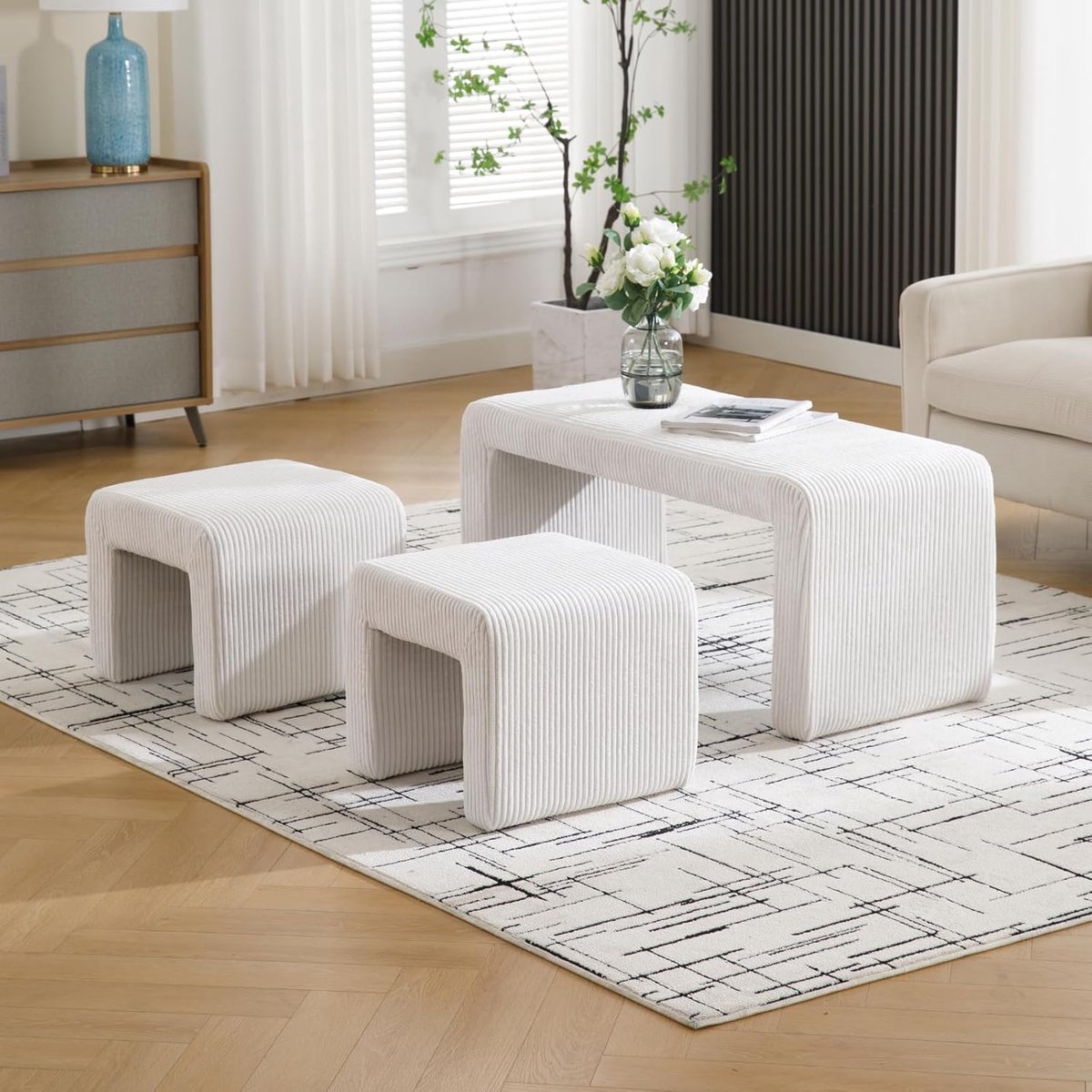 Bankzitting Set - Voetenbank Kruk - Woonkamer Decoratie - Ruimtebesparend Ontwerp - 103 cm Breed - Wit