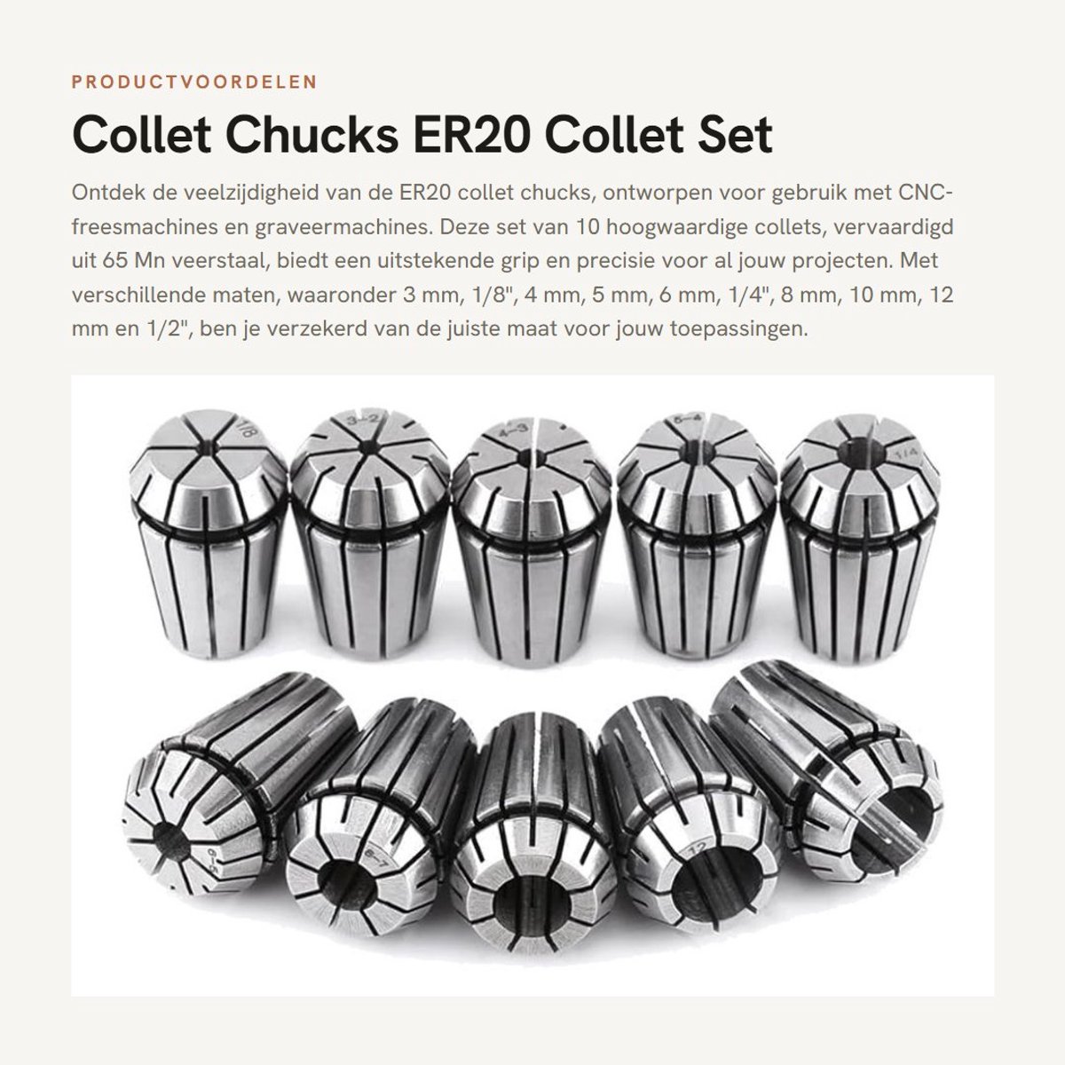 Dailygoods- Collet Chuck - Set van 10 Stuks - ER20 - Elastic Collet - CNC Frees-/Draaibank - 65Mn Veerstaal - Hoogwaardige Precisie - Collets