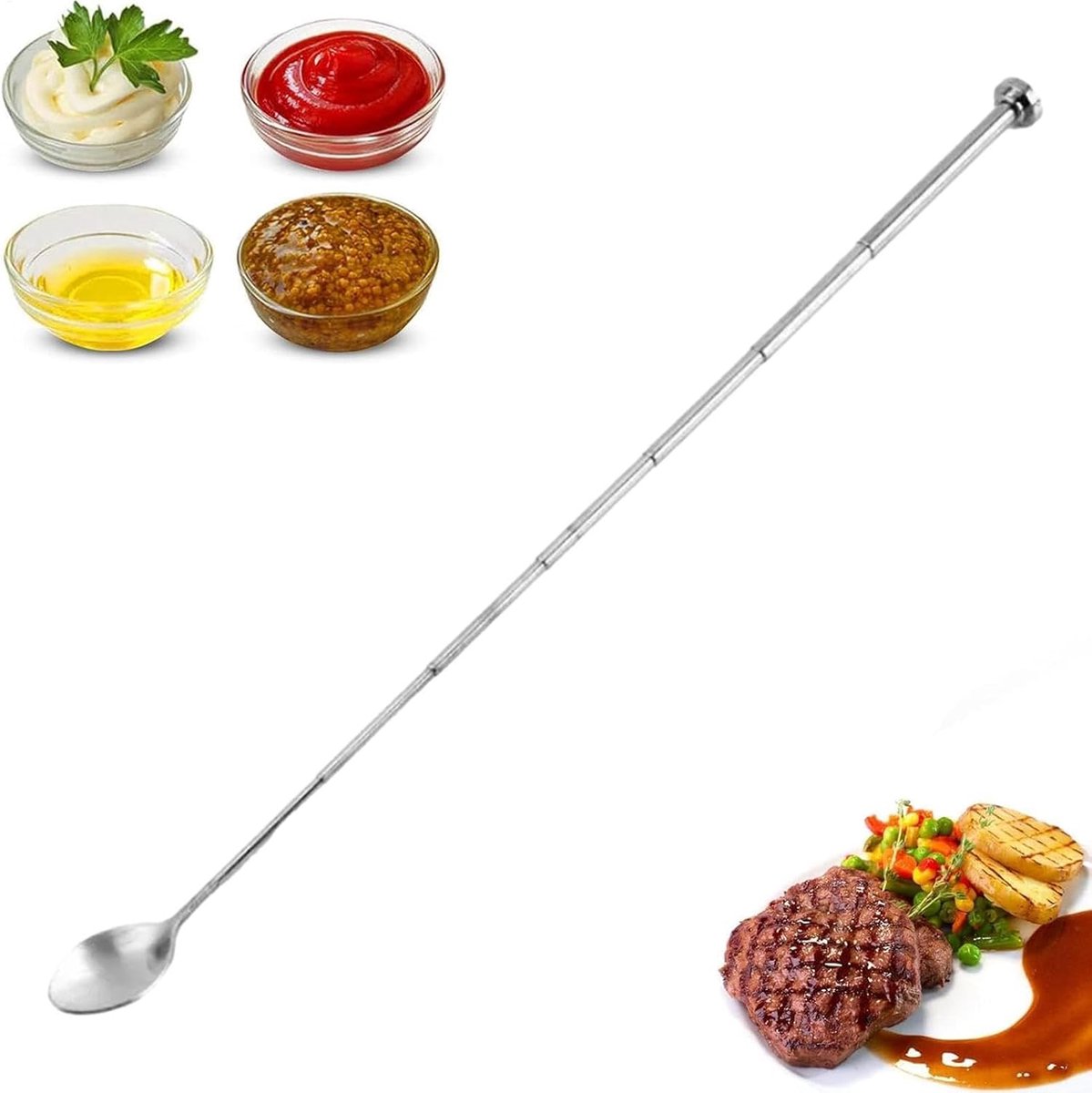 Uittrekbare Lepel - Telescopische Roerlepel - Serveren en Roeren - Verstelbare Lengte - 14.5-44 cm - Zilver
