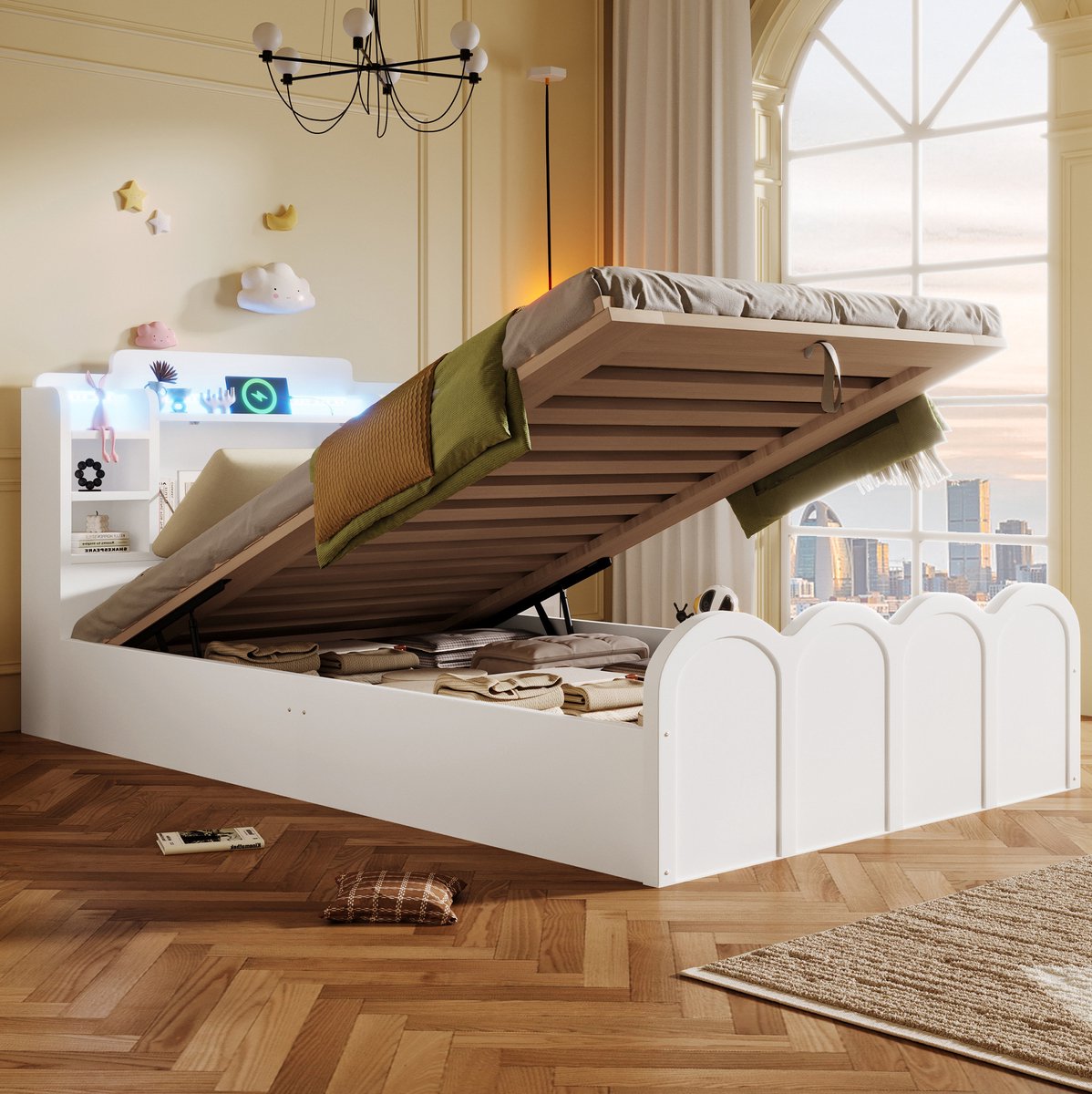 MEUNIQ normaal bed 90x200 cm met hydraulische opbergruimte, LED-verlichting, USB en USB-C, gestoffeerd hoofdbord, kinderkamer, wit