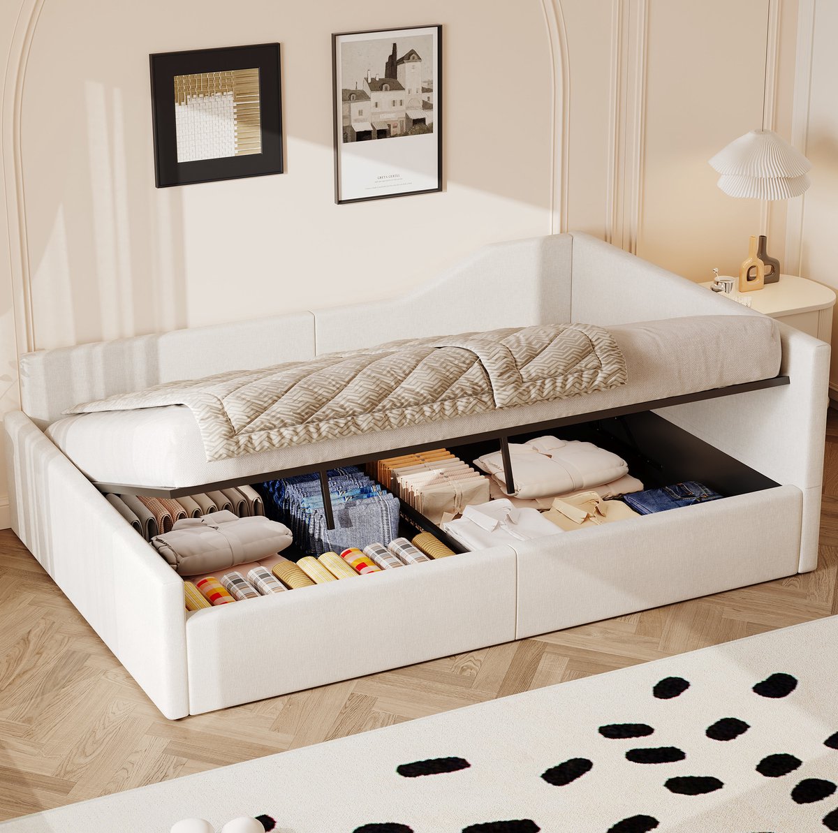 MEUNIQ Bedbank 140x200 cm met opbergruimte en lattenbodem, gestoffeerd bedframe met rugleuning en armleuning voor slaapkamer of logeerkamer, beige