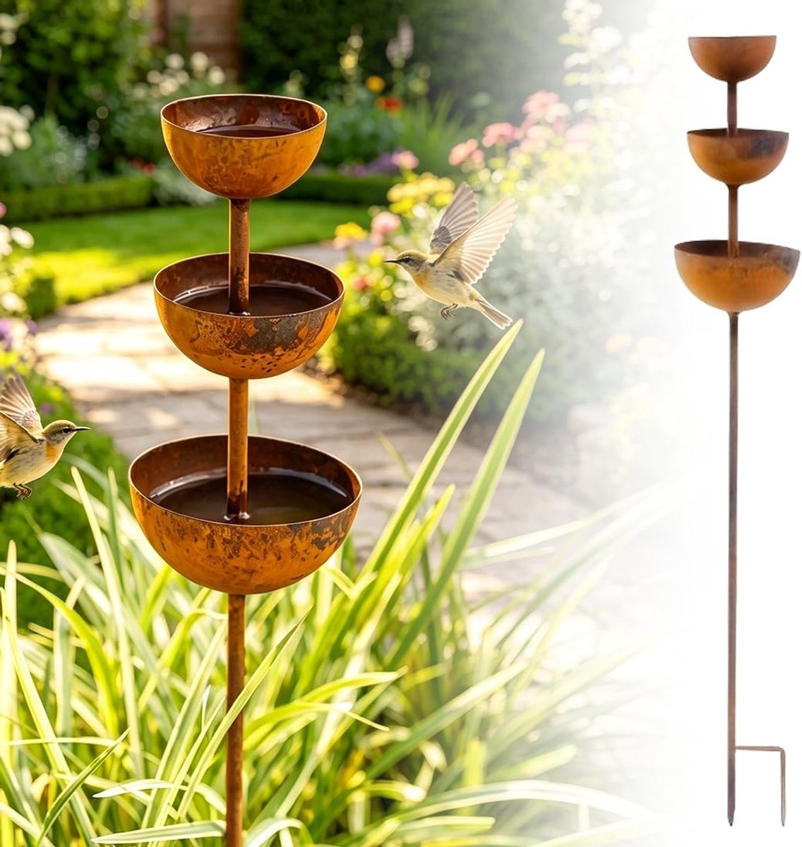 Dailygoods - Regenvanger, tuinsteker, roest, 68 cm, insectenbad, tuin, metaal, tuindecoratie, patina look, regenwaterverzamelaar voor vogels en insecten, bloembed, terras, balkon