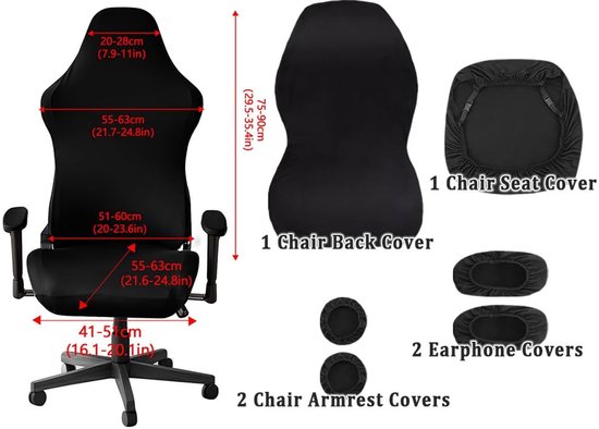Dailygoods - Gamingstoelhoes, 6 stuks, gamingstoelhoezen, zwart met armleuningen, rekbaar, afneembaar, wasbaar, afneembaar, voor computerstoel, gamingstoel van Dailygoods — afbeelding 4