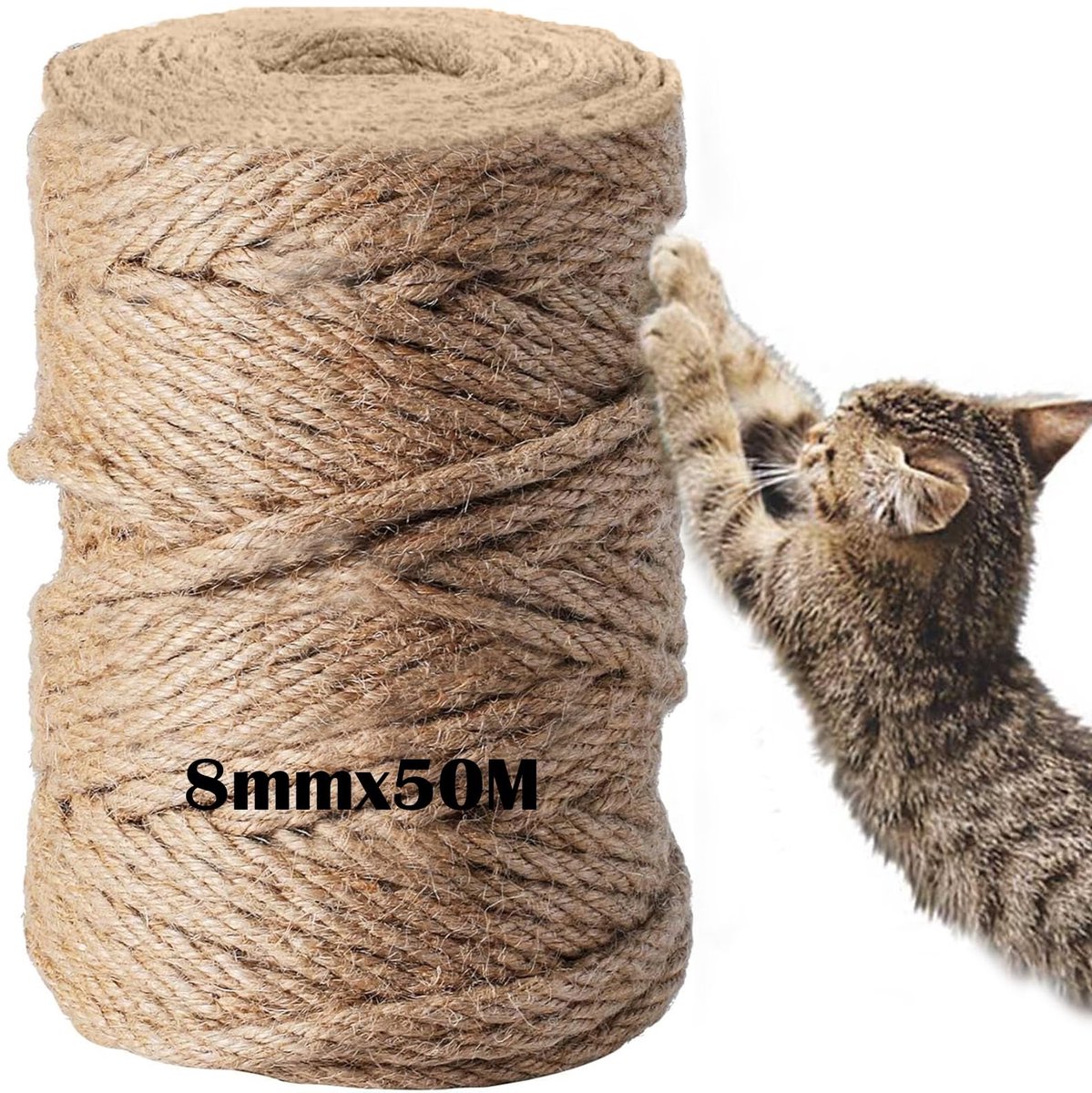 Dailygoods- Sisal Touw 50m - Duurzaam 4-draads Touw - Krabpalen Bekleden - DIY Knutselen - Hennep/Sisal Touw - Dikte 8mm - Krabpaal Touw