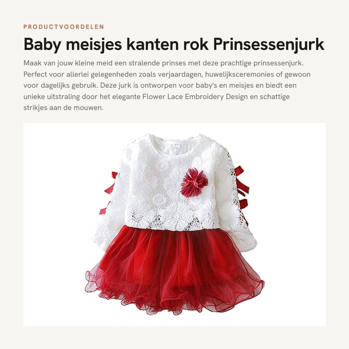 Prinsessenjurk - Katoen/Polyester - Lange Mouw - Strik - Bloemenkant Borduur - Ademend en Zacht - Geschikt voor Feestelijke Gelegenheden - Meisjesjurk
