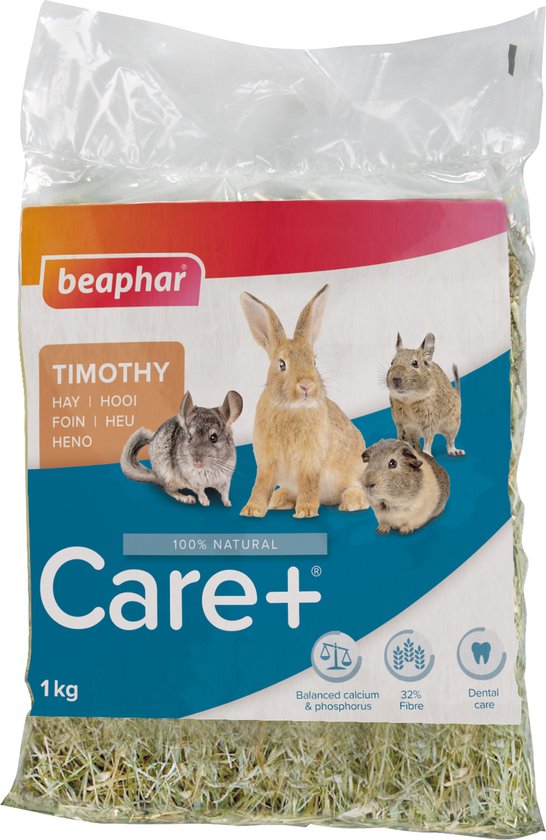Beaphar Care+ Timothy hooi in een 1 kg verpakking met afbeeldingen van een konijn, degu en cavia.