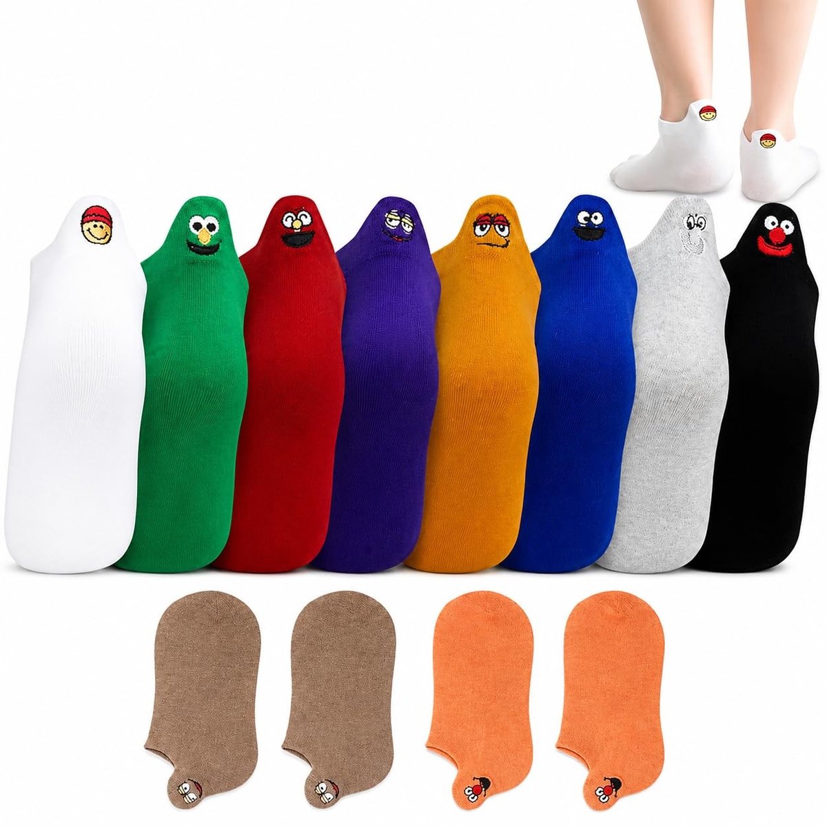 Dailygoods - Een paar grappige sokken voor dames – katoenen sneakersokken met gezichtsuitdrukkingen – knuffelsokken voor een goed humeur – kleurrijke korte katoenen sokken voor vrouwen en meisjes