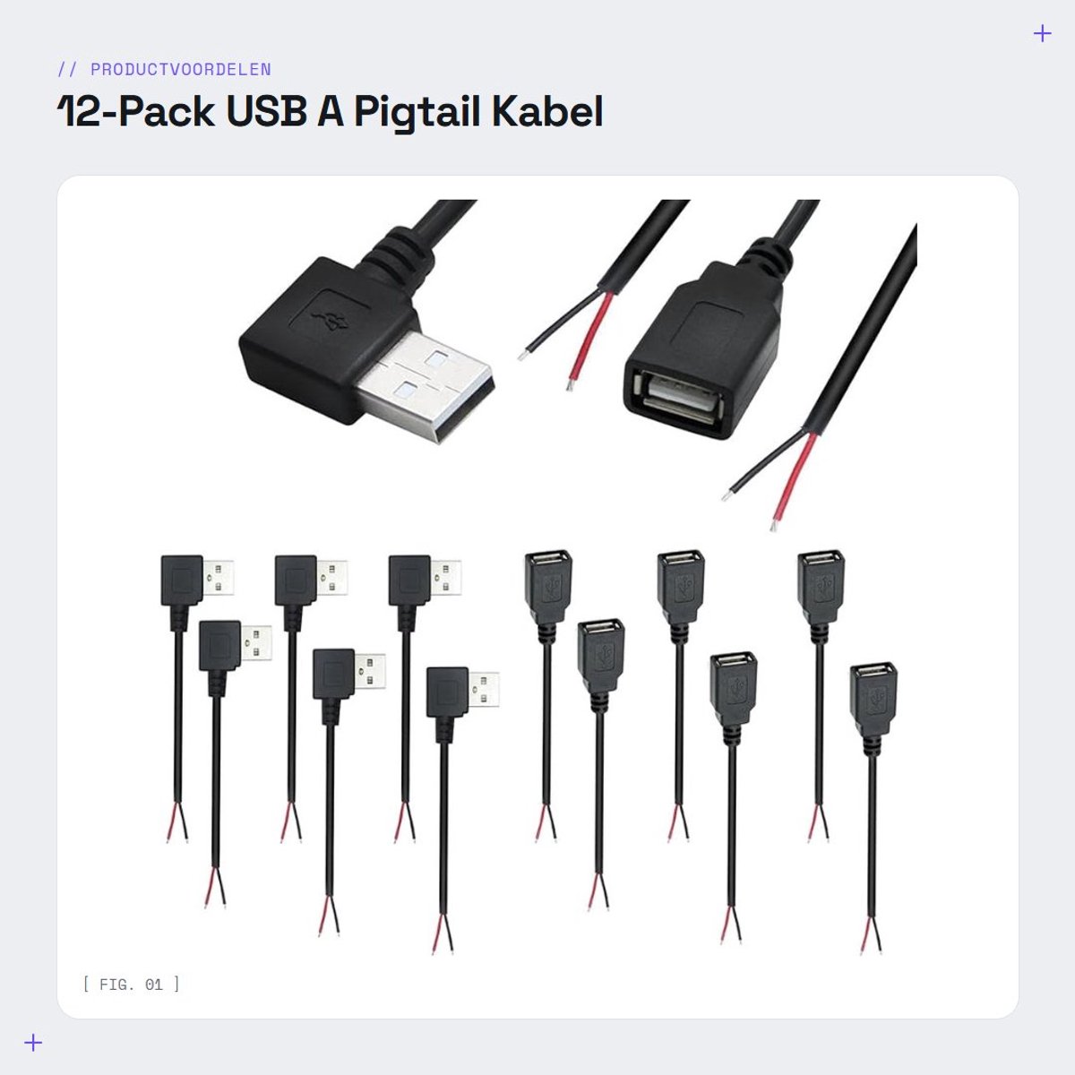 Dailygoody - 12-Pack Usb A Pigtail Kabel 90° 5V/2A - 30cm voor Diy en