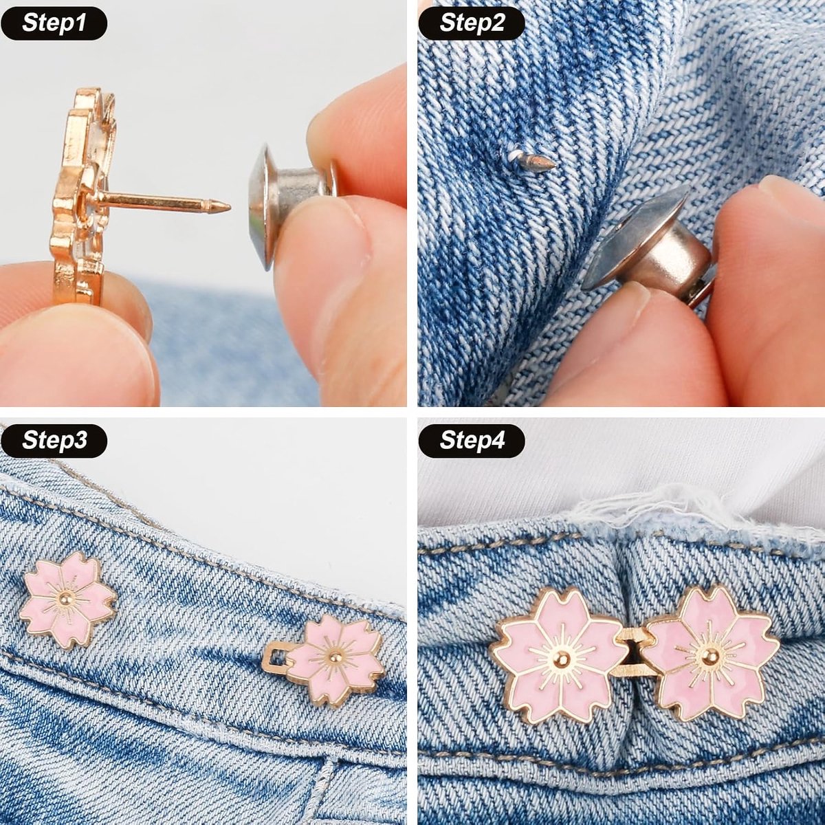 4 Stuks Knoopsgat Verlenger - Broektailleriemverstrakker - Broekverkleiner - Afneembare Jeansknopen - Tailleversteller voor Broeken - Verstelbare Instant Knopspelden - Met Kersenbloesems - Voor Jeans, Broeken, Rokken en Mouwen — cadeau in Cadeau-ideeën - foto 2