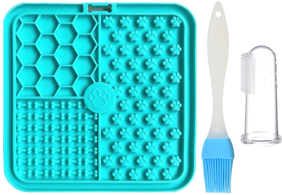 Dailygoods- Slow Food Mat - Silicone - Huisdier Voeden Accessoire Set - Schraper - Vinger Tandenborstels - Antivertikking - Cyaan - Voedingsmat