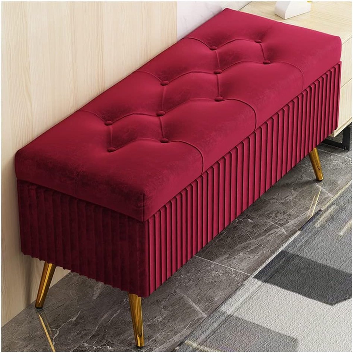 Opbergbankje met Zitting - Voetenbank Poef - Comfortabel Zitten - Hoogwaardig Schuim - 40x40x45cm - Rood
