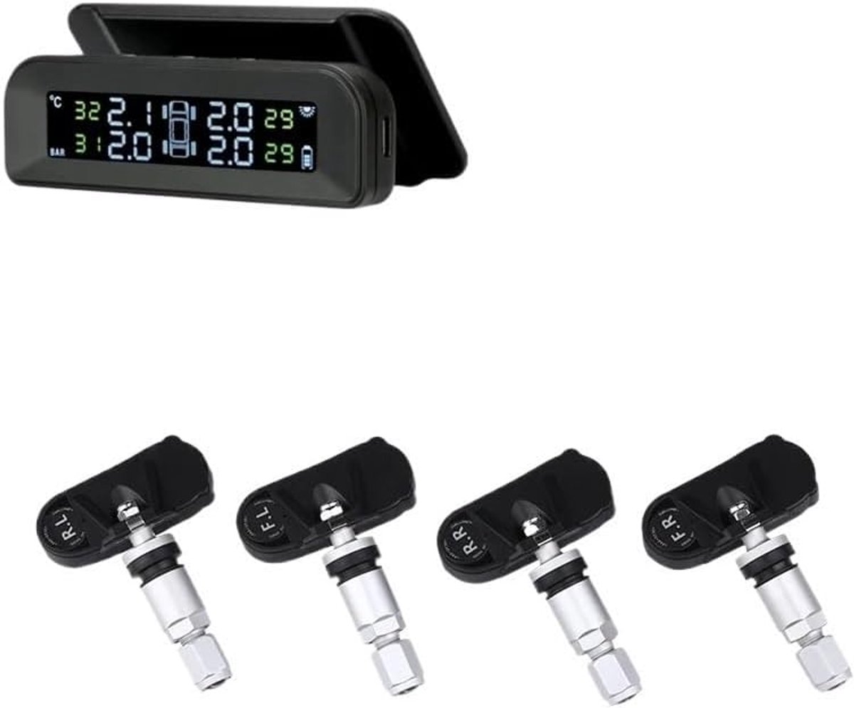 Bandenspanningsmeter Systeem - Banden Monitor - Veilige Rit - 4 Externe Sensoren - Solar Display - Zwart
