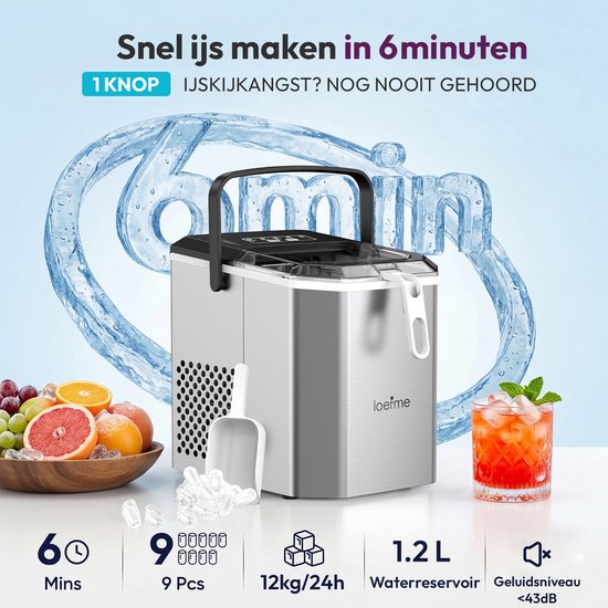LOEFME RVS Ijsblokjesmachine - Ijsblokjesmaker met IJsschep & IJsmand - 1,2L - 12kg/24u - 6 min - Zelfreinigingsfunctie - Draaghandgreep - Zilver — afbeelding 5