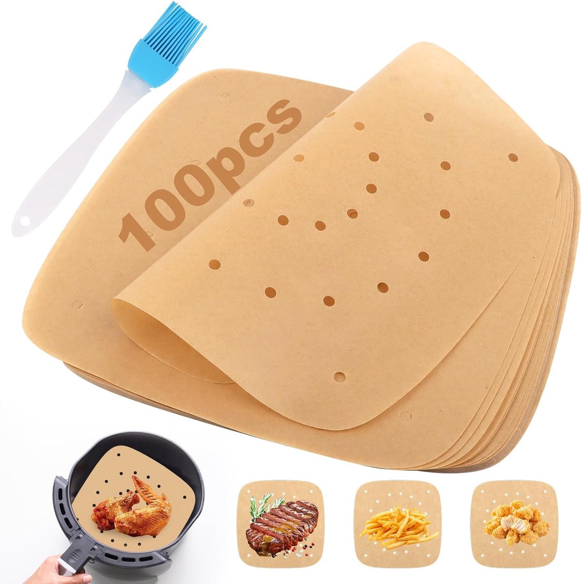 Bakpapier voor luchtfriteuse 100 stuks - 23 x 23 cm - BPA-vrij - ideaal voor knapperige gerechten - SnelShoppen
