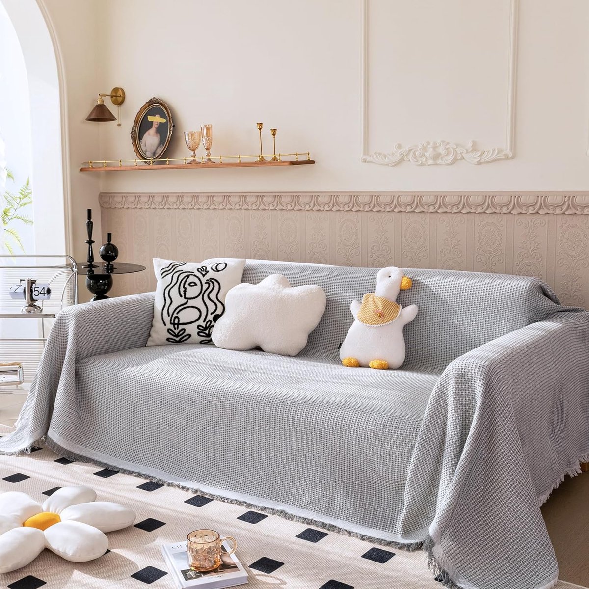 Sofadekentje groot 180x340 cm - 100% handgeweven katoen - met franjes - perfect voor bank of bed - SnelShoppen