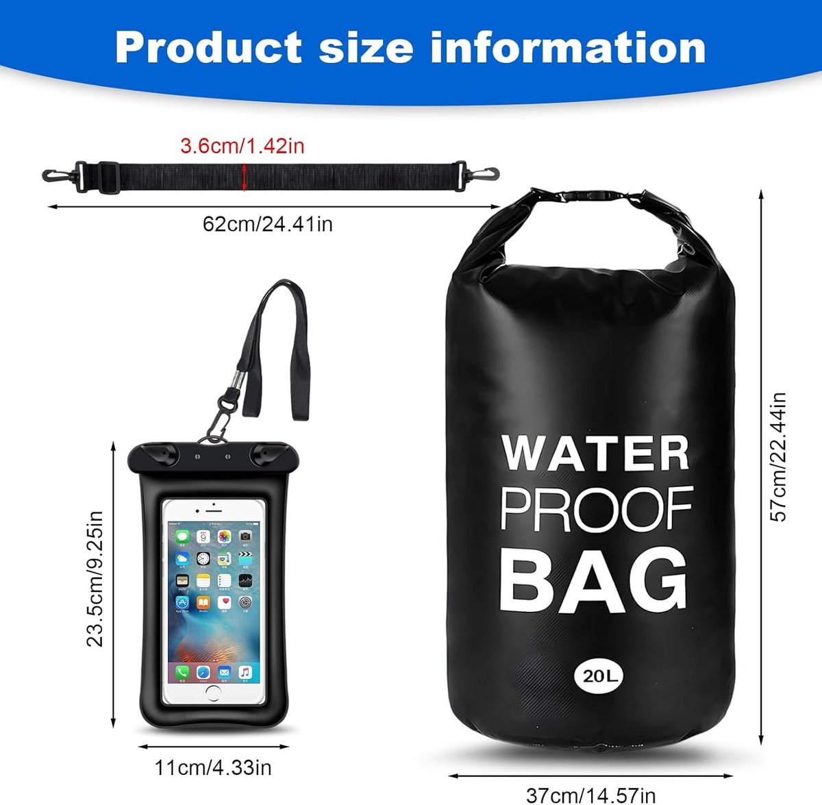 SnelShoppen - Waterdichte Rugzak 20L PVC Tas met Waterdichte Telefoon Tas voor Watersport, Zwemmen, Boottochten, Outdoor Activiteiten