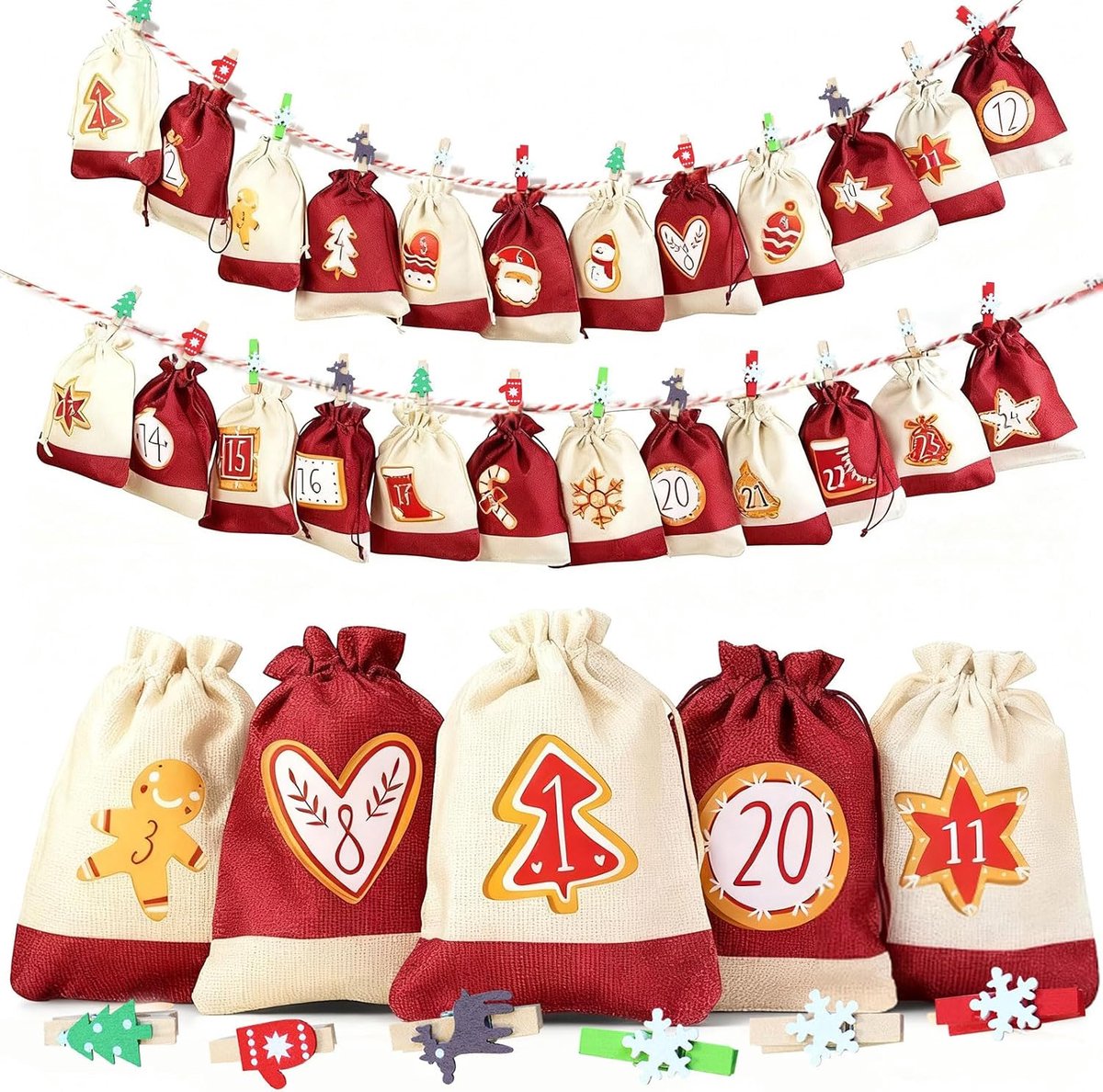 24 stuks adventskalender om te vullen stof, met 24 kerstclips (6 kleuren x 4) kerststickers en koord, voor kerstcadeauverpakking, herbruikbare adventzakjes (10 x 14 cm)