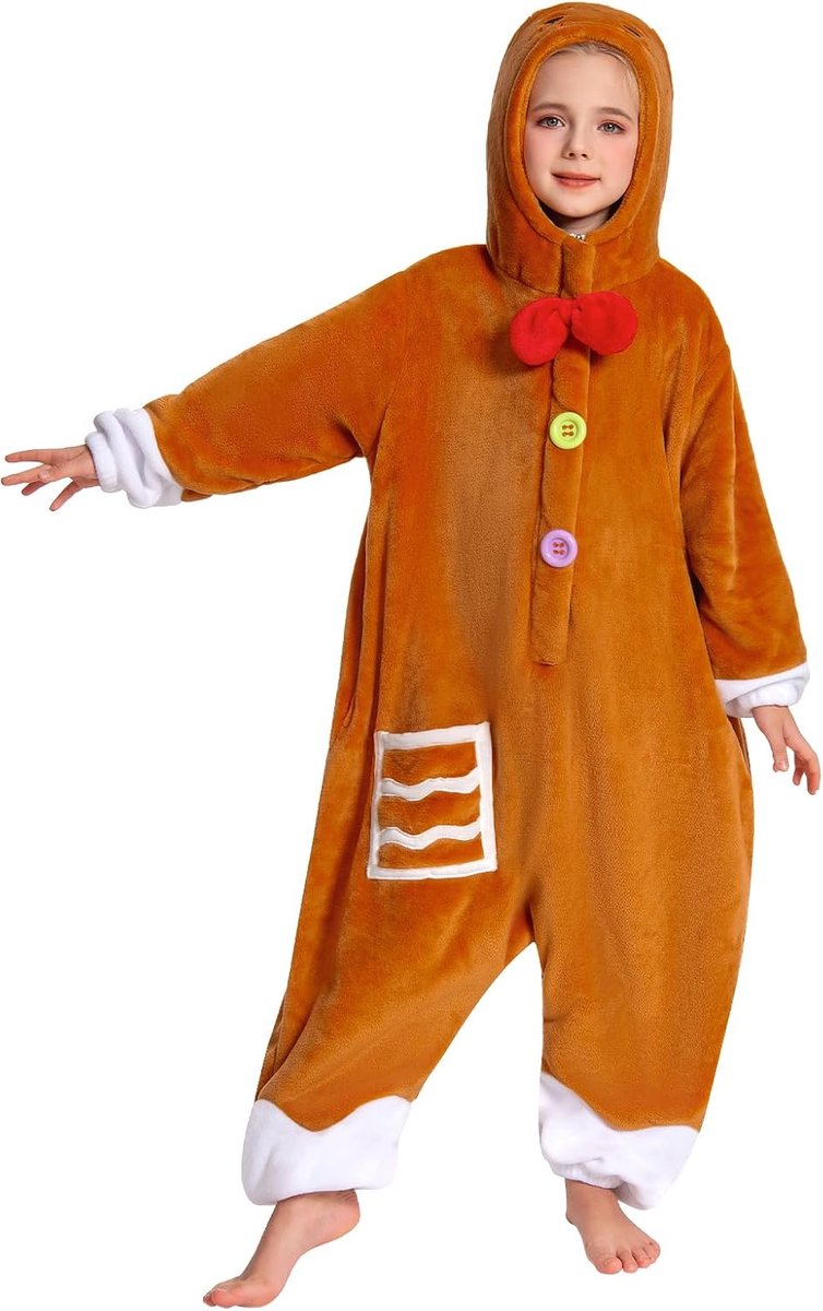 Kinder Animal Onesie Unisex Zachte Pluche Fleece Pyjama voor Jongens Meisjes Knuffelig Eendelig Pyjama Cosplay Kostuum voor Carnaval Halloween Kerstmis (Peperkoek, 9-11 Jaar)