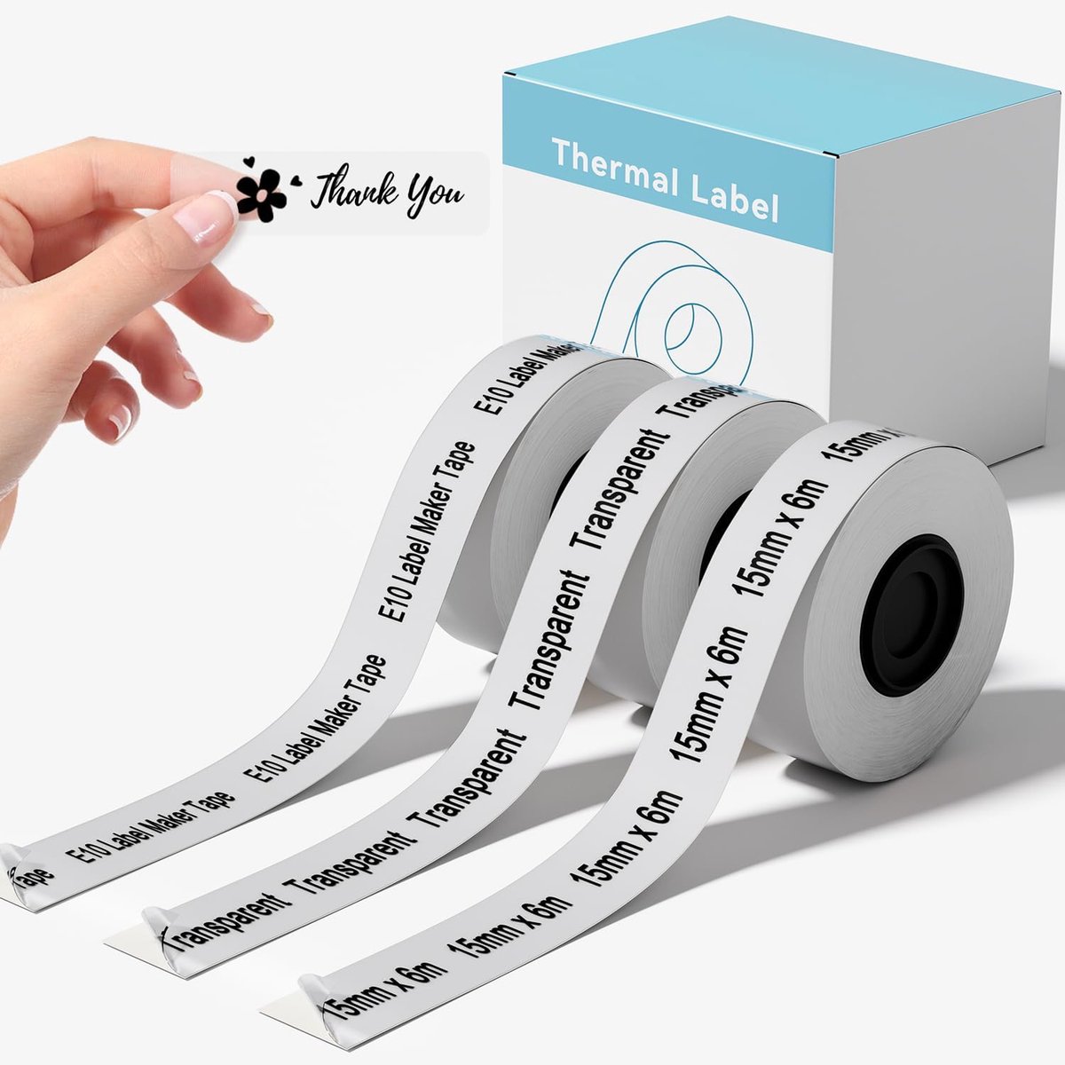 3 rollen compatibel met SUPVAN E10 labelmaker-tape, transparant, continu 15 mm x 6 m, standaard gelamineerde thermische labeltape-navulling, vervanging voor SUPVAN E10