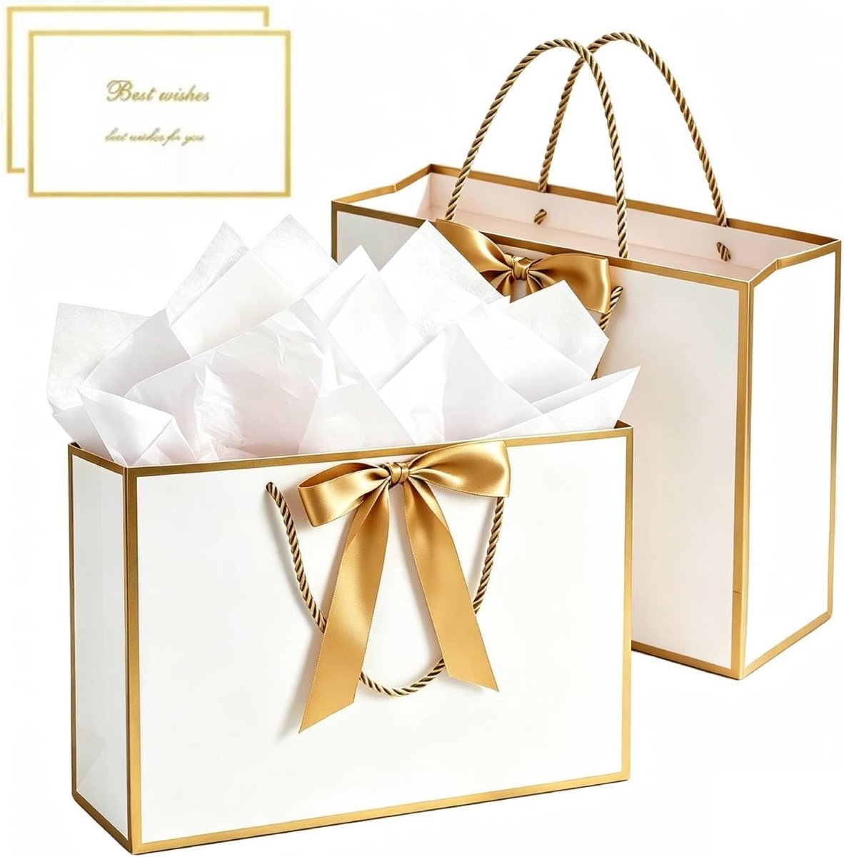 Cadeautassen 2 STUKS, Cadeautasse met Handvatten Lintstrik, Set Medium Cadeautassen met Vloeipapier Wenskaart, voor Meisjes Vrouwen Verjaardag Bruiloft (goud)