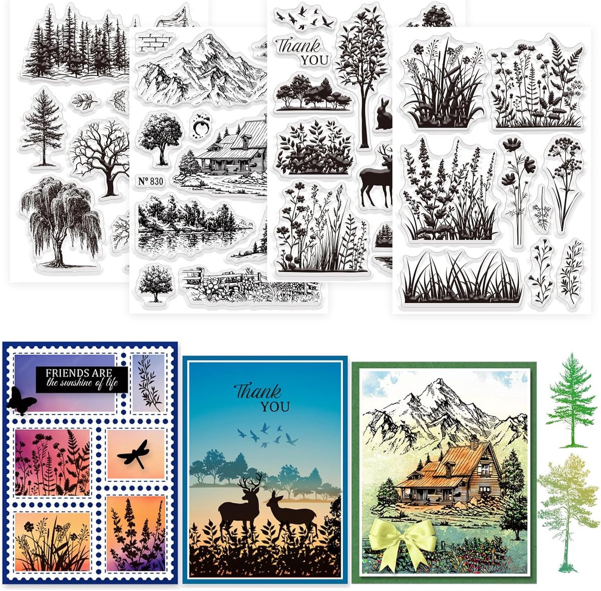 4 vellen boomlandschap duidelijke stempel voor scrapbooking, wilde bloemen, onkruid, silhouet, siliconen stempel, bosdier, transparante stempelset voor kaartontwerp, doe-het-zelf reliëf
