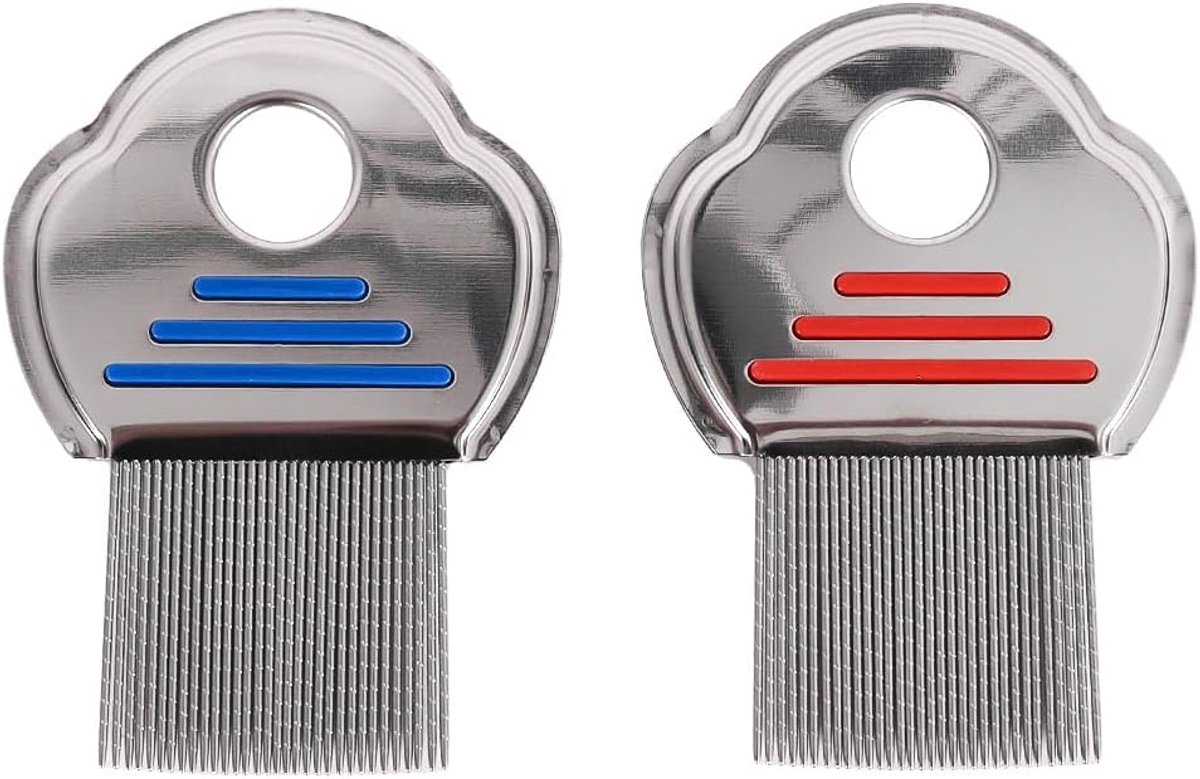 2 stuks roestvrijstalen luizenkam, fijn getande netenkam voor effectieve verwijdering van luizen en neten op alle haartypes (set rood en blauw)