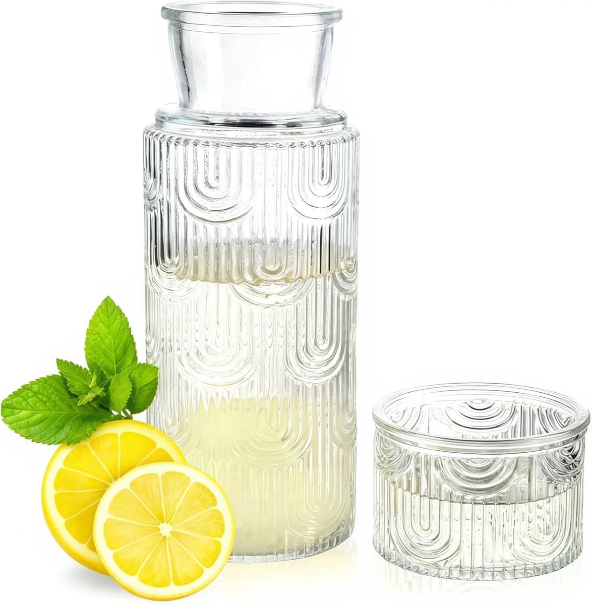 Nachtkastje Met Waterkaraf En Glazen Set, Mondwaterdispenser Voor Badkamer, 180 ml Glazen Kruikflessen Met Deksel Van 630 ml Voor Keuken, Slaapkamer En Eetkamer (Transparant)