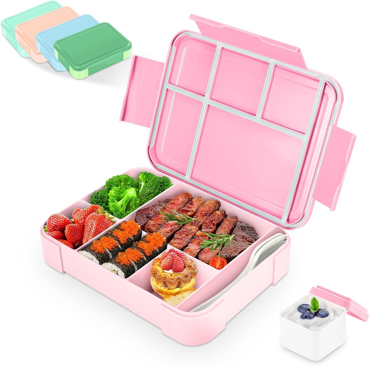 Broodtrommel voor kinderen, met vakken, 1330 ml, Bento Box, picknick, reis-lunchbox, geschikt voor volwassenen, meisjes en jongens, geschikt voor school, kleuterschool en uitstapjes (roze)