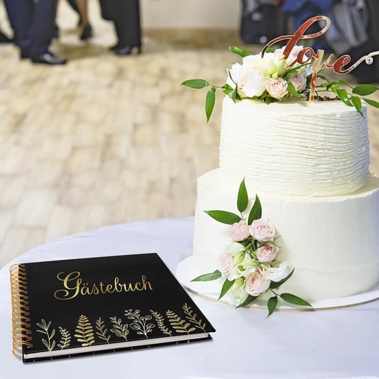 Gastenboek, zwart/goud, 42,5 x 21 cm, eucalyptus, herinneringsboek, bruiloft, herinnering, album, huwelijkscadeau voor bruiloften, jubilea, verjaardagen, vrijgezellenfeest, jeugdwijding (60 — afbeelding 3