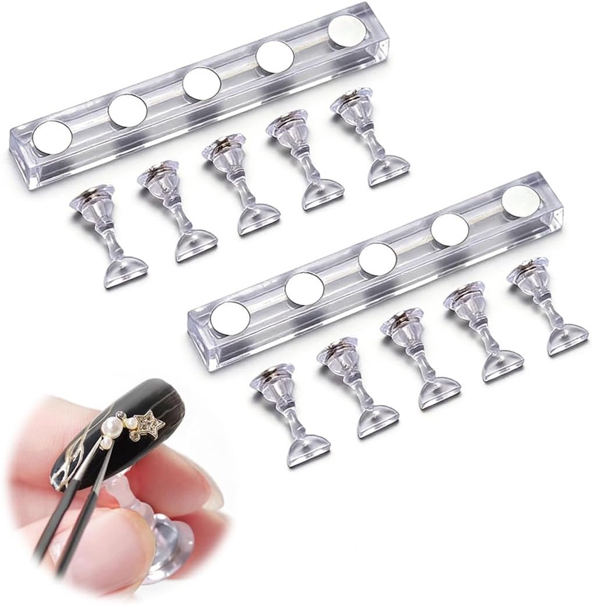 2 stuks nagelstandaard, clips, manicure-gereedschap, nagelhouder om te oefenen, magnetische basis voor kunst- en gelnagels, nageltip-display en nail artstandaard (transparant)