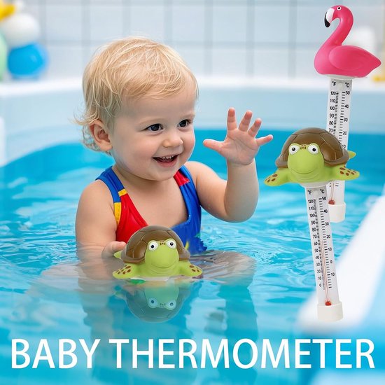 drijvende zwembadthermometer met touw, drijvende waterthermometer, voor binnen en buiten, aquaria, visvijvers (flamingo + schildpad) — afbeelding 2