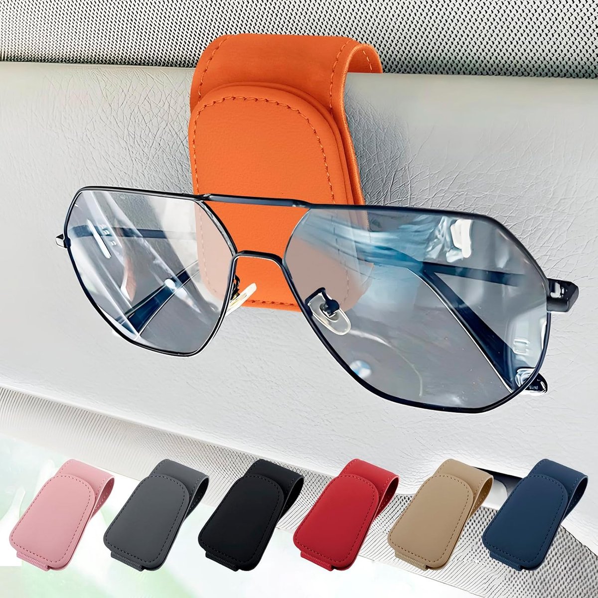 Brillhouder voor autozonneklep, magnetische brillenhouder voor auto, lederen zonnebrilhouder, zonnebrilhouder, ticketkaartclip, auto-accessoires, interieur (oranje)