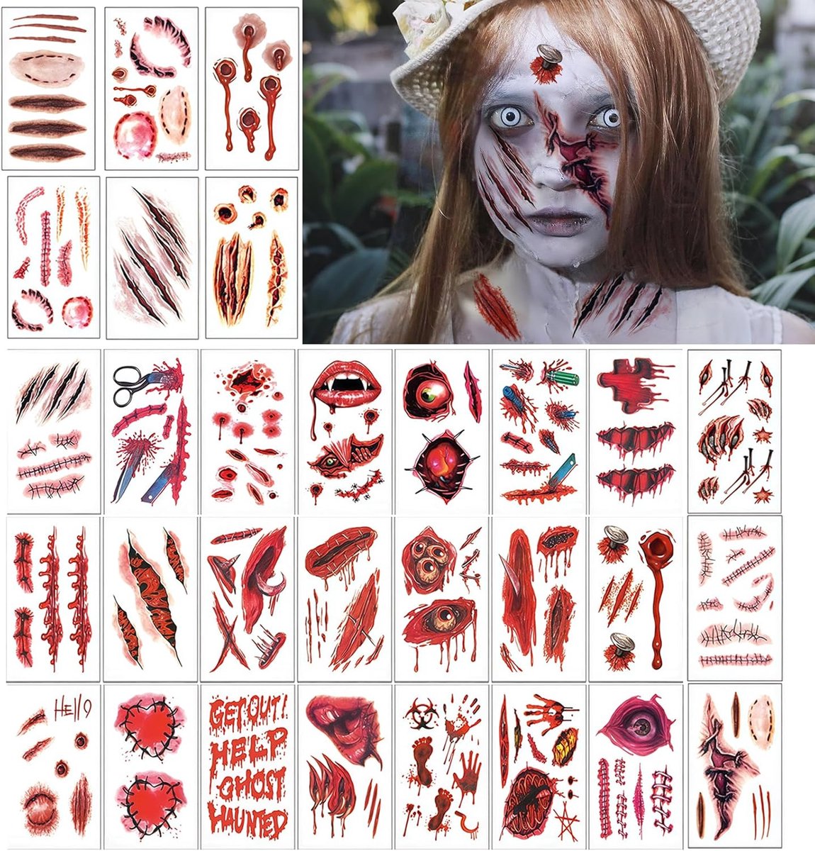 30 vellen Halloween-tatoeages, gezichtsmake-up, griezelige nep-littekens, tatoeages voor vrouwen en mannen, vampierkostuumaccessoires, zombie-make-up, tijdelijke stickers, gezicht, wonden