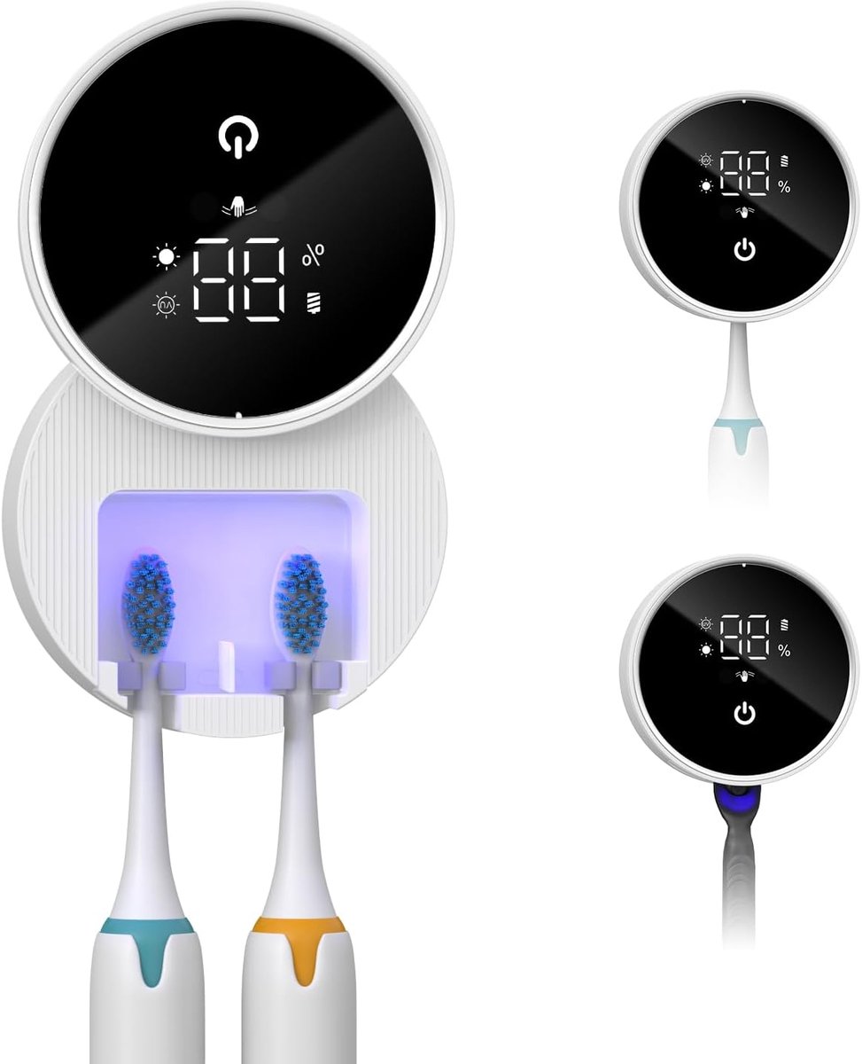 Tandenborstelontsmettingsmiddel, draagbare tandenborstelreinigerhouder voor elektrische en handmatige tandenborstels met getimede sterilisatie, drogen, LED-scherm, oplaadbaar voor reizen, thuis