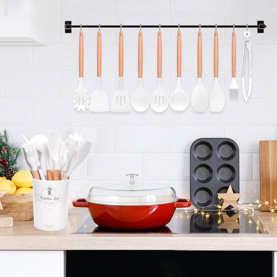 set van 23 stuks, siliconen keukengerei met standaard, handvat van natuurlijk hout, tang, spatel, lepelset, anti-aanbaklaag en hittebestendig (crèmewit) — afbeelding 5